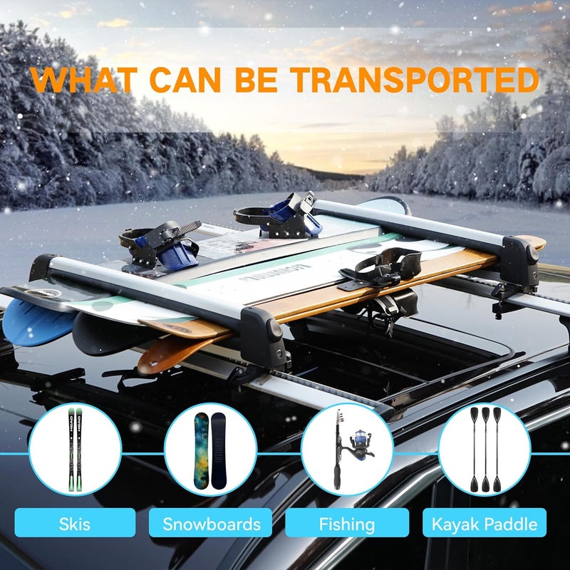 HIKULA Ski& Snowboard Roof Racks, Ski Roof Racks with Anti-Theft Lock Racks Carrier for Snowboards Universal Ski Top Holder Fits for Square/Aero/Oval Cross Bars, Sliver, Large - Image 4